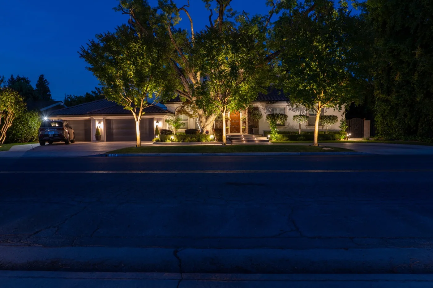 Front elevation with balanced tree and entry lighting