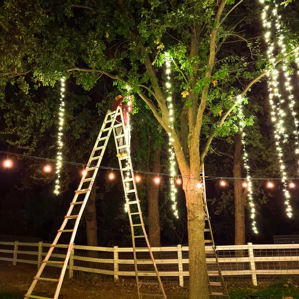 Outdoor string light installation using trees and supports
