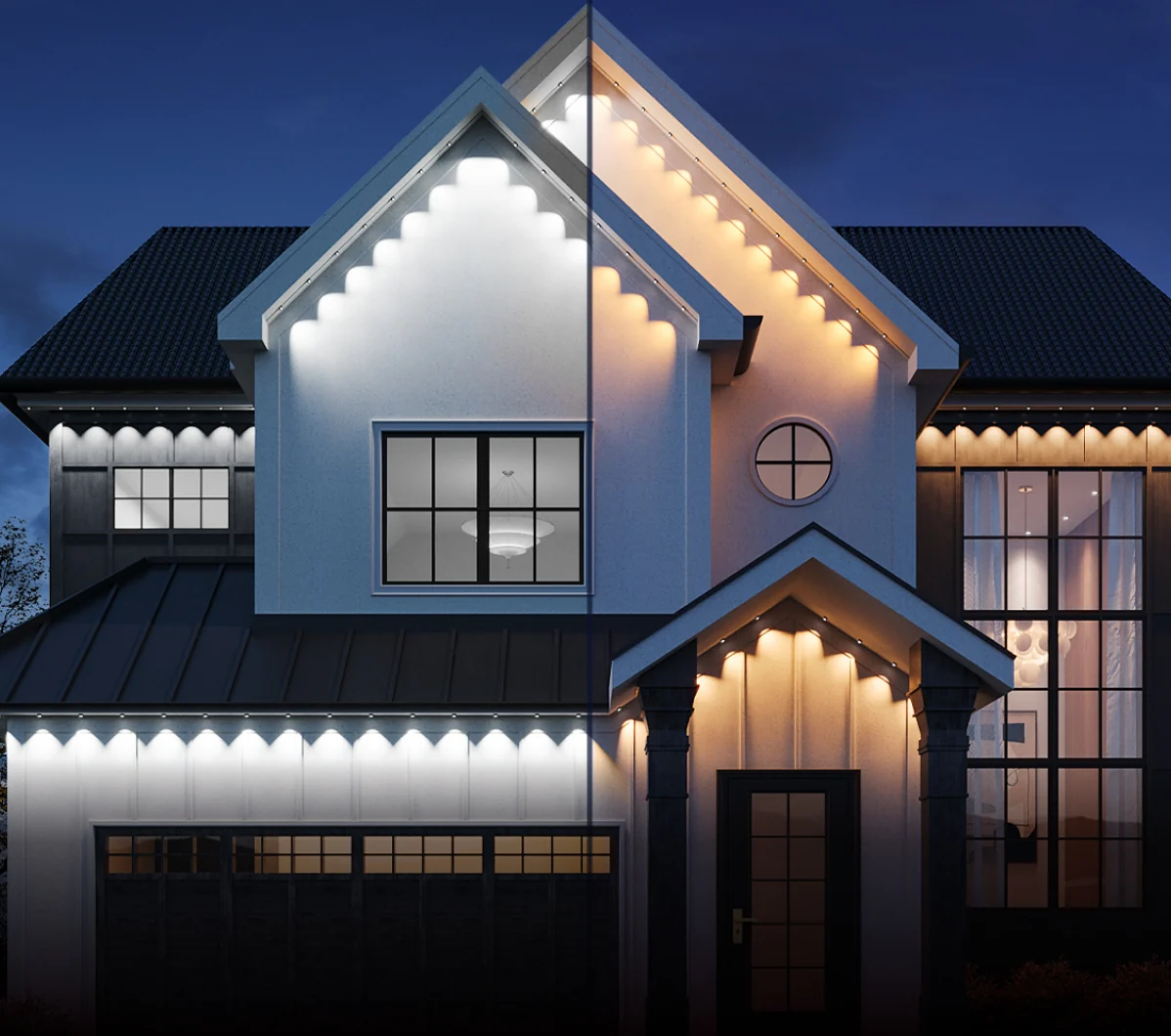 Close view of permanent roofline lighting showing warm and cool white output